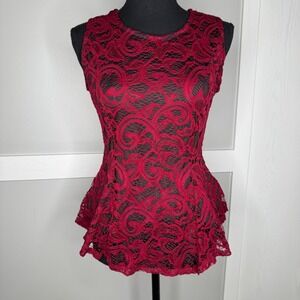 Scobe Womens Burgundy Red Floral Lace Sleeveless Peplum Top Size S